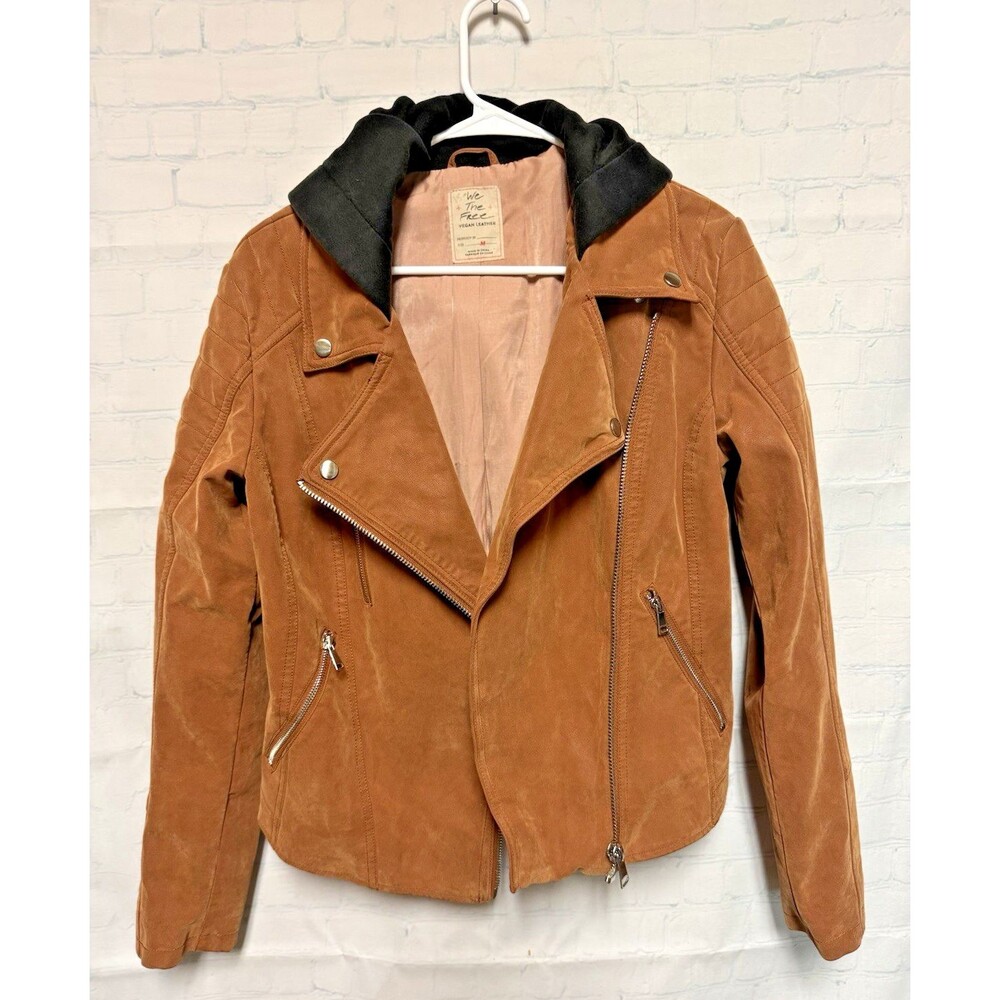 We The Free People Women’s Medium black Hood Tan Camel Vegan Leather Moto Jacket